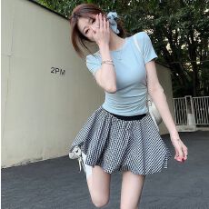 批发出大货 纯欲弹力显瘦短袖T恤格子<b class='q'>高腰</b>蓬蓬半身裙裤女