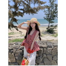 批发出大货 复古红色格子背心<b class='q'>衬衫</b>女夏季褶皱收腰显瘦上衣