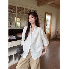 出大货 韩系V领泡泡袖白色衬衫女早秋老钱风显瘦收腰上衣