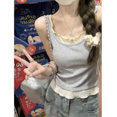 批发出大货 纯欲风撞色<b class='q'>假两件</b>背心女夏带胸垫吊带