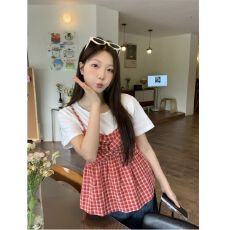 批发出大货 微胖<b class='q'>假两件</b>格子背心短袖t恤女夏遮肉显瘦<b class='q'>上衣</b>