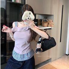 批发出大货 韩系穿搭拼接格子露肩<b class='q'>上衣</b>女夏季<b class='q'>假两件</b>短袖T恤