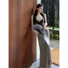 批发出大货 冷淡系独特别致裙子水墨印花蝴蝶灰色收腰气质连衣裙女