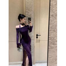 批发出大货 一字肩不规则荷叶边蛋糕裙红色生日party拍照晚会敬酒礼服