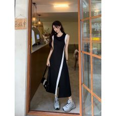 批发出大货 撞色拼接背心<b class='q'>连衣</b>裙女夏新款收腰显瘦设计感开叉无袖<b class='q'>长裙</b>