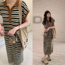 批发出大货 针织连衣裙撞色POLO领女慵懒宽松大码遮肚休闲中长款裙