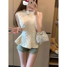 批发出大货 韩系杏色无袖针织背心女<b class='q'>夏季</b>荷叶边修身甜美短款打底上衣