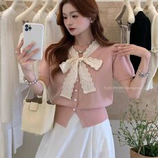 批发出大货 春夏季新款蕾丝绑带蝴蝶结短袖<b class='q'>针织衫</b>女夏薄款小衫