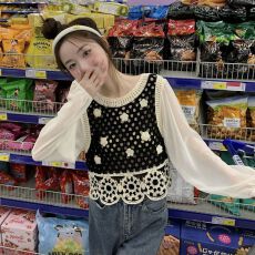 批发出大货 拼接雪纺长袖假两件上衣女秋季2026新款百搭针织<b class='q'>衫</b>外穿