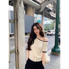 出大货 设计感辣妹斜肩条纹T恤女夏季针织一字肩短袖露肩慵懒风