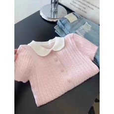 批发出大货 甜美少女粉色针织短袖<b class='q'>T</b><b class='q'>恤</b>女新款绞花<b class='q'>娃娃领</b>别致上衣