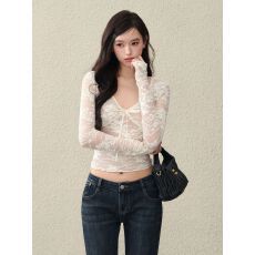 批发出大货 纯欲风性感系带蕾丝<b class='q'>上衣</b>女白色<b class='q'>网纱</b>弹力紧身内搭