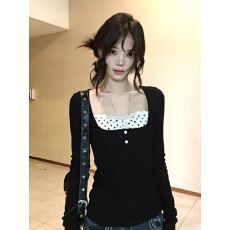批发出大货 波点<b class='q'>蕾丝拼接</b>假两件长袖T恤女春季设计感显瘦内搭上衣