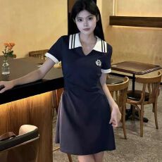 批发韩系学院风撞色polo领短袖<b class='q'>连衣裙</b>女小个子气质修身收腰a字短裙夏