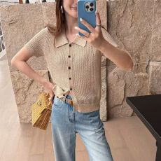 批发2026夏polo领老钱风短袖针织开衫<b class='q'>女</b>镂空微透亚麻外套上衣