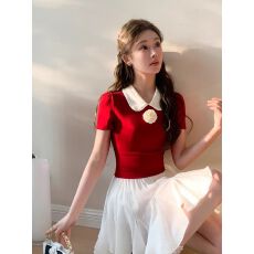 批发韩系少女感娃娃领气质显白显瘦短袖正肩<b class='q'>T</b><b class='q'>恤</b>撞色<b class='q'>山茶花</b>上衣