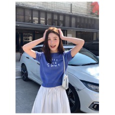 批发小清新蓝色刺绣字母宽松针织短袖T恤女夏季休闲<b class='q'>短款</b>显瘦上衣
