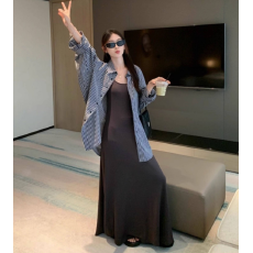 批发薄款套装女装<b class='q'>宽松</b>条纹长袖衬衫衬衣上衣吊带连衣裙长裙两件套