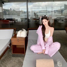 批发新款百搭简约休闲慵懒风宽松<b class='q'>条纹</b>防晒衬衫衬衣女休闲长裤套装