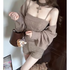 批发气质纯色灯笼袖针织开衫外套女早春新款修身显瘦背心两件套