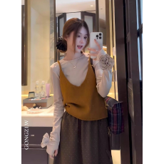 批发立体花朵<b class='q'>长袖</b>打底衫叠穿针织马甲女早春宽松显瘦半身裙三件套