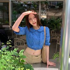 批发纯欲风木耳边娃娃领中袖衬衫<b class='q'>女</b>夏季修身衬衣气质短款露脐上衣