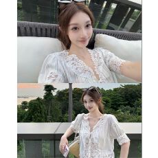 批发法式小资呼吸甜美重工蕾丝V领<b class='q'>短袖</b>衬衫女夏季<b class='q'>白色</b>薄上衣