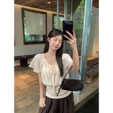 批发甜美风假两件拼接系带<b class='q'>v领</b>荷叶袖衬衫女收腰显瘦气质上衣夏