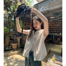 批发法式小众独特漂亮绝美条纹短袖上衣<b class='q'>女</b>夏季衬衫小衫韩系