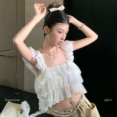批发设计感多层飞袖荷叶边<b class='q'>吊带</b>夏蛋糕摆别致不撞款度假上衣