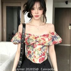 批发法式花朵温柔风碎小衫碎花鱼骨一字肩上衣女夏雪纺<b class='q'>上装</b>