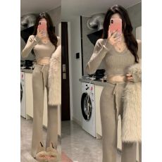 批发秋搭配一整套御姐辣妹小香风套装女针织上衣阔腿裤两件套