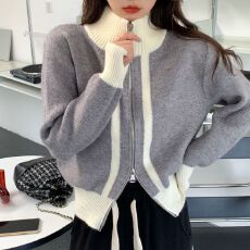 批发双向拉链<b class='q'>针织</b>开衫上衣女秋洋气外穿小众撞色高领毛衣外套