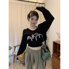 批发美式字母刺绣长袖t恤女秋季设计感独特别致宽松显瘦短款上衣