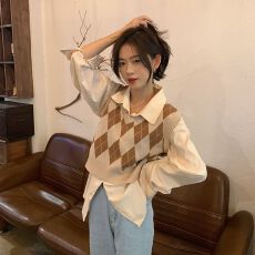菱格短款马甲针织衫秋2026新款上衣学院风毛衣马甲女
