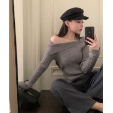 流行针织衫女秋冬一字肩内搭打底衫冷淡风高级感毛衣上衣