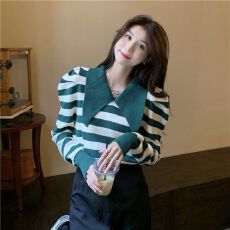 早秋慵懒短款上衣设计感新款复古条纹长袖针织衫女毛衣小众