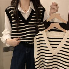 批发马甲小背心秋季女设计感新款外搭条纹<b class='q'>宽松</b>短款V领马夹