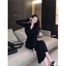 批发秋冬季性感长袖立领拉链连衣裙过膝修身显瘦包臀鱼尾裙