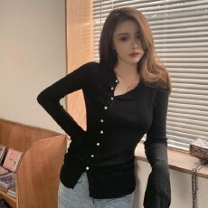 批发新款秋款开衫毛衣修身洋气开叉内帽子<b class='q'>不规则</b>针织打底衫上衣女