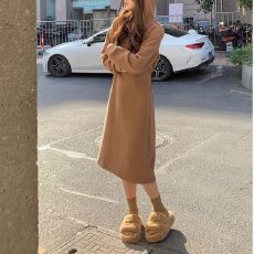 批发连帽<b class='q'>连衣裙</b>女秋冬季中长款打底针织裙内搭外穿卫衣裙子
