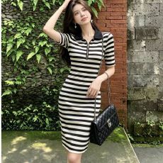 批发新款半拉链短袖<b class='q'>连衣裙</b>女T恤裙减龄冰丝条纹修身中长撞色长裙