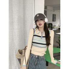 批发撞色条纹Polo领长袖针织衫毛衣女秋季小众短款chic修身上衣
