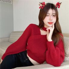 批发挂脖红色打底衫女秋冬内搭高腰毛衣高级小心机别致短款上衣