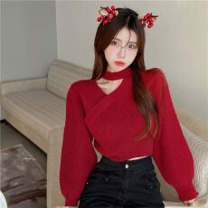 批发挂脖红色打底衫女秋冬内搭高腰毛衣高级小心机别致短款上衣