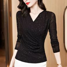批发交叉V领<b class='q'>打底衫</b>女内搭秋季2026年<b class='q'>新款</b>气质网纱长袖T恤洋气小
