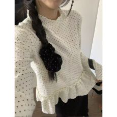 批发法式甜美<b class='q'>可爱</b>满印波点荷叶花边秋冬季新款内搭长袖上衣韩