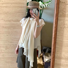 批发气质洋气立领<b class='q'>不规则</b>短袖上衣女秋新款小个子绝美设计感<b class='q'>雪纺衫</b>
