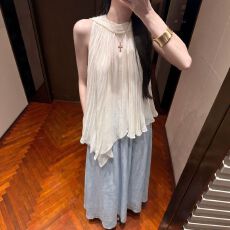 批发仙气无袖飘带雪纺衬衫上衣女褶皱<b class='q'>不规则</b>下摆宽松垂感露肩小衫