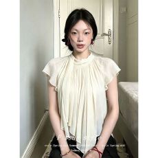 批发高领短袖女<b class='q'>不规则</b>飘逸氛围感显瘦上衣2026秋季新款休闲百搭